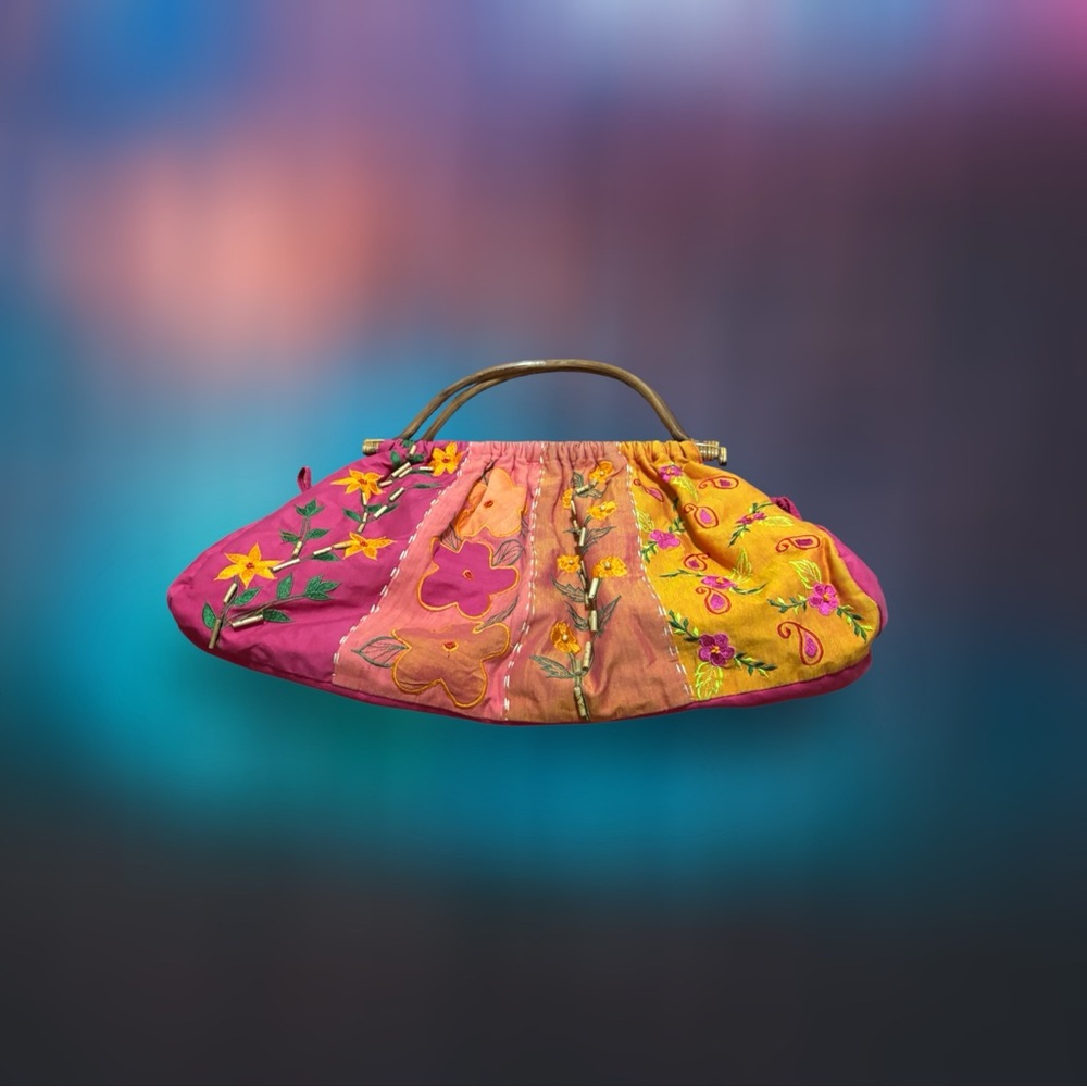 Floral Embroidered Granny Bag with Wooden Handles Pink/Orange/Green